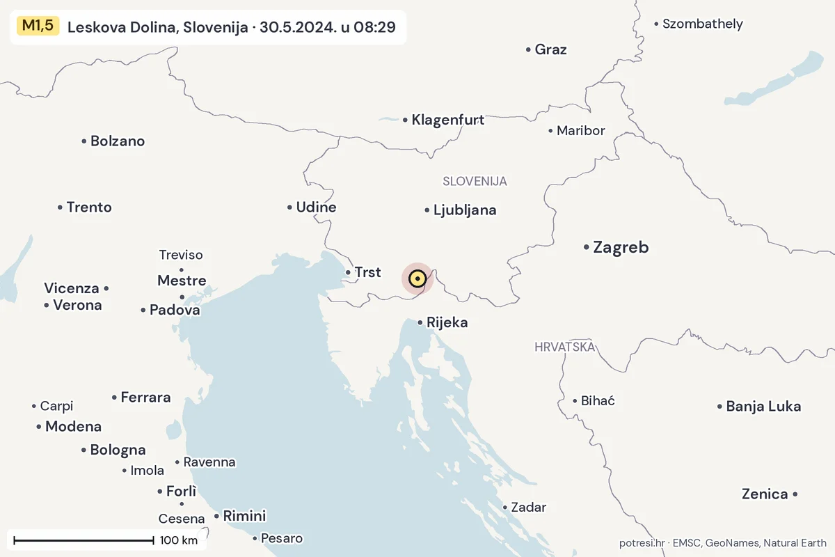 Karta: šire područje, 600 km, potres M1,5, Leskova Dolina, Slovenija, 30.5.2024.
