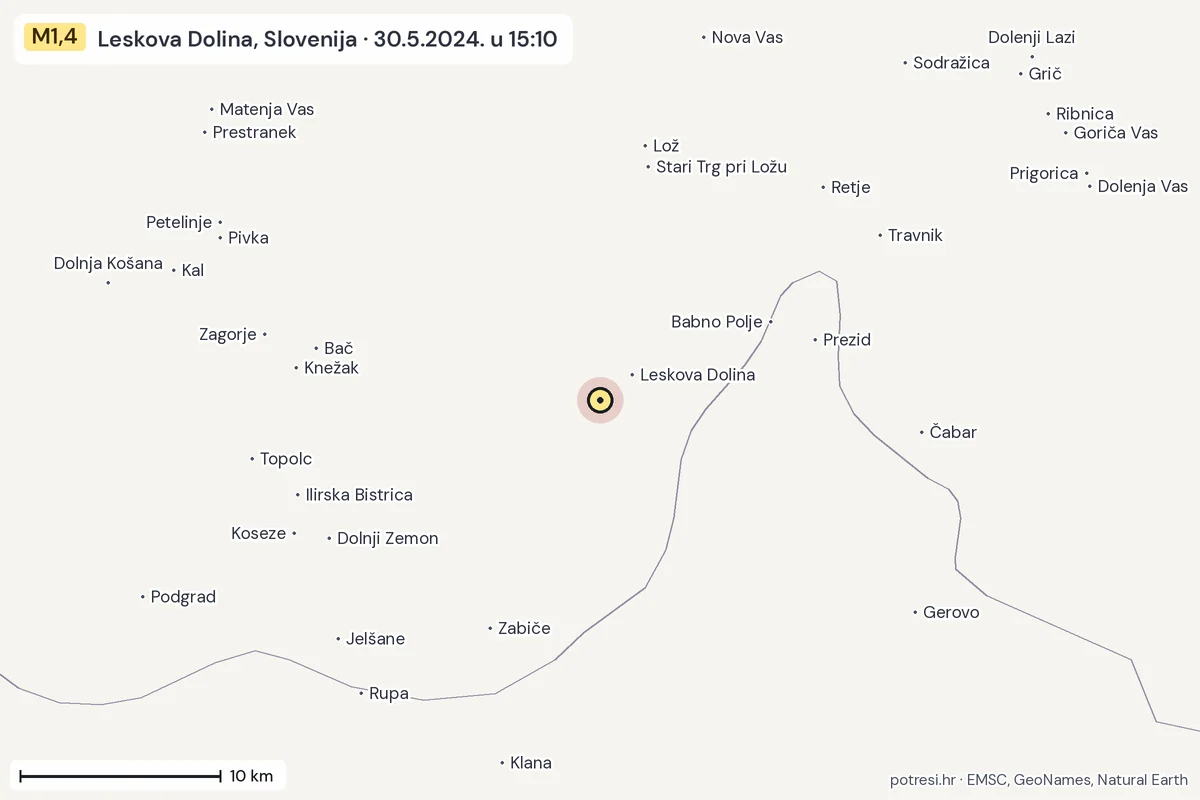 Karta: okolica epicentra, 60 km, potres M1,4, Leskova Dolina, Slovenija, 30.5.2024.