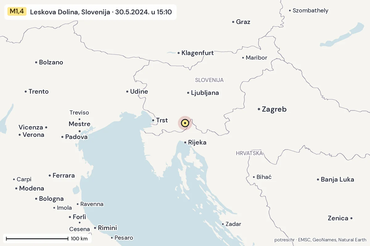 Karta: šire područje, 600 km, potres M1,4, Leskova Dolina, Slovenija, 30.5.2024.