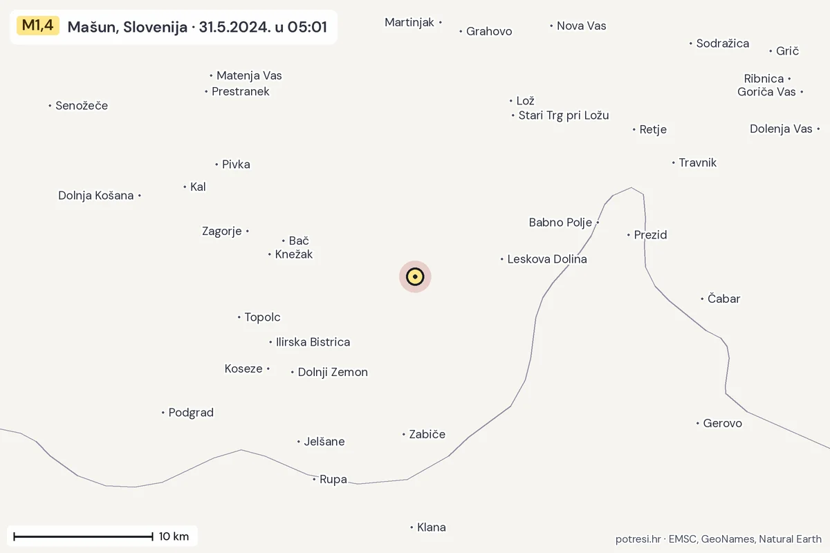 Karta: okolica epicentra, 60 km, potres M1,4, Mašun, Slovenija, 31.5.2024.