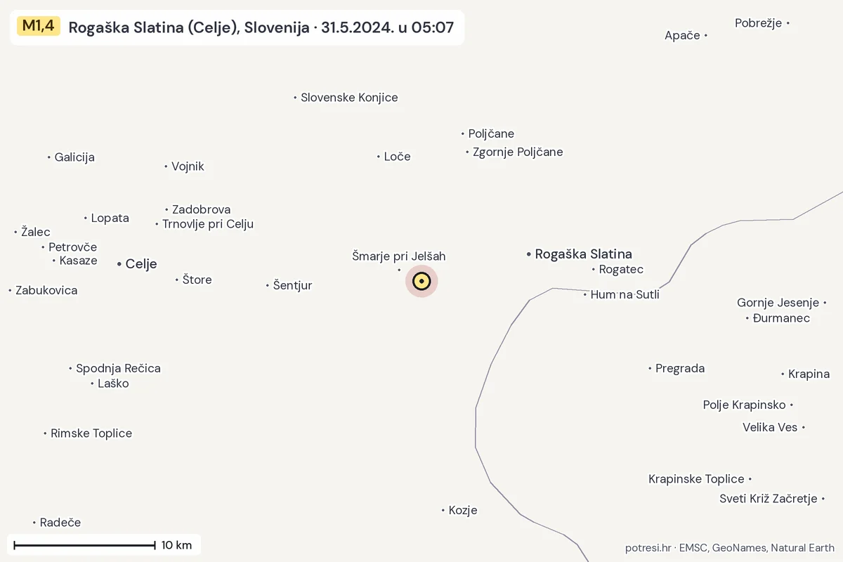 Karta: okolica epicentra, 60 km, potres M1,4, Rogaška Slatina (Celje), Slovenija, 31.5.2024.