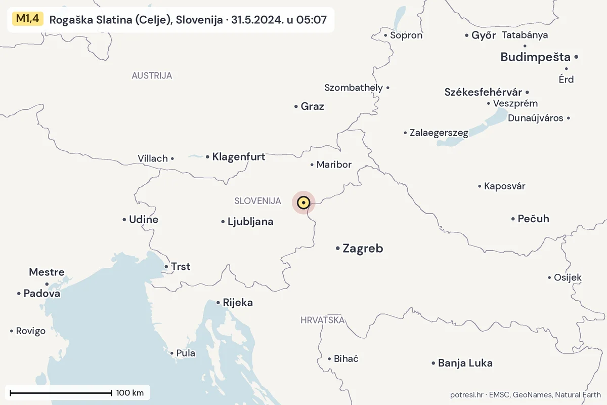 Karta: šire područje, 600 km, potres M1,4, Rogaška Slatina (Celje), Slovenija, 31.5.2024.