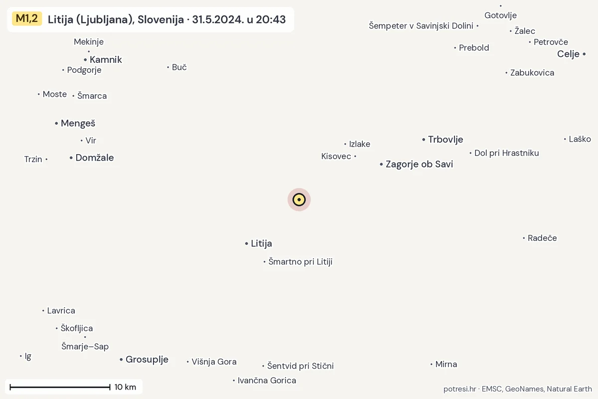 Karta: okolica epicentra, 60 km, potres M1,2, Litija (Ljubljana), Slovenija, 31.5.2024.