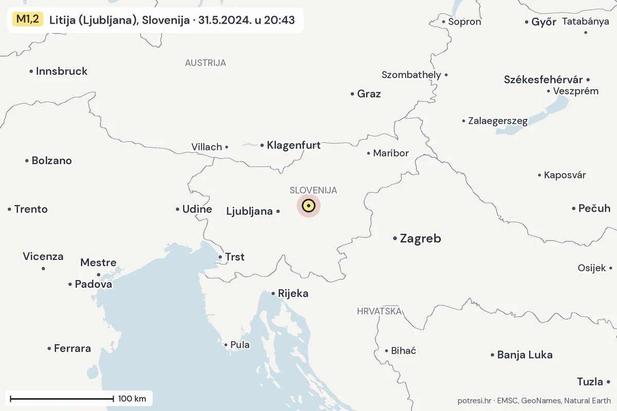 Karta: šire područje, 600 km, potres M1,2, Litija (Ljubljana), Slovenija, 31.5.2024.