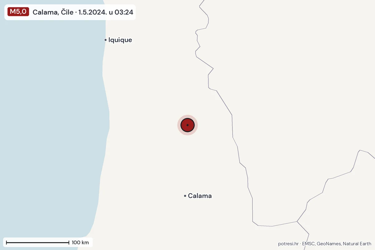 Karta: šire područje, 600 km, potres M5,0, Calama, Čile, 1.5.2024.