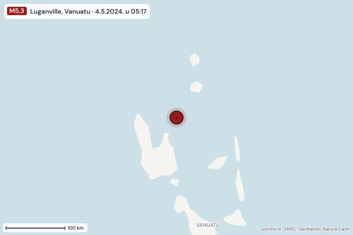 Karta: šire područje, 600 km, potres M5,3, Luganville, Vanuatu, 4.5.2024.