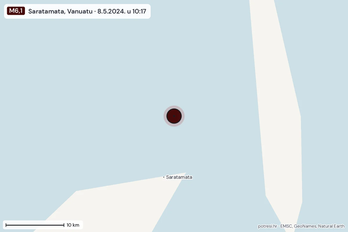Karta: okolica epicentra, 60 km, potres M6,1, Saratamata, Vanuatu, 8.5.2024.
