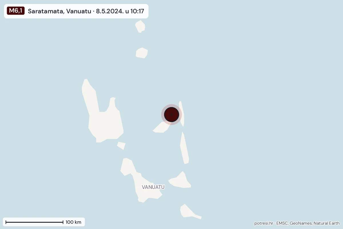Karta: šire područje, 600 km, potres M6,1, Saratamata, Vanuatu, 8.5.2024.
