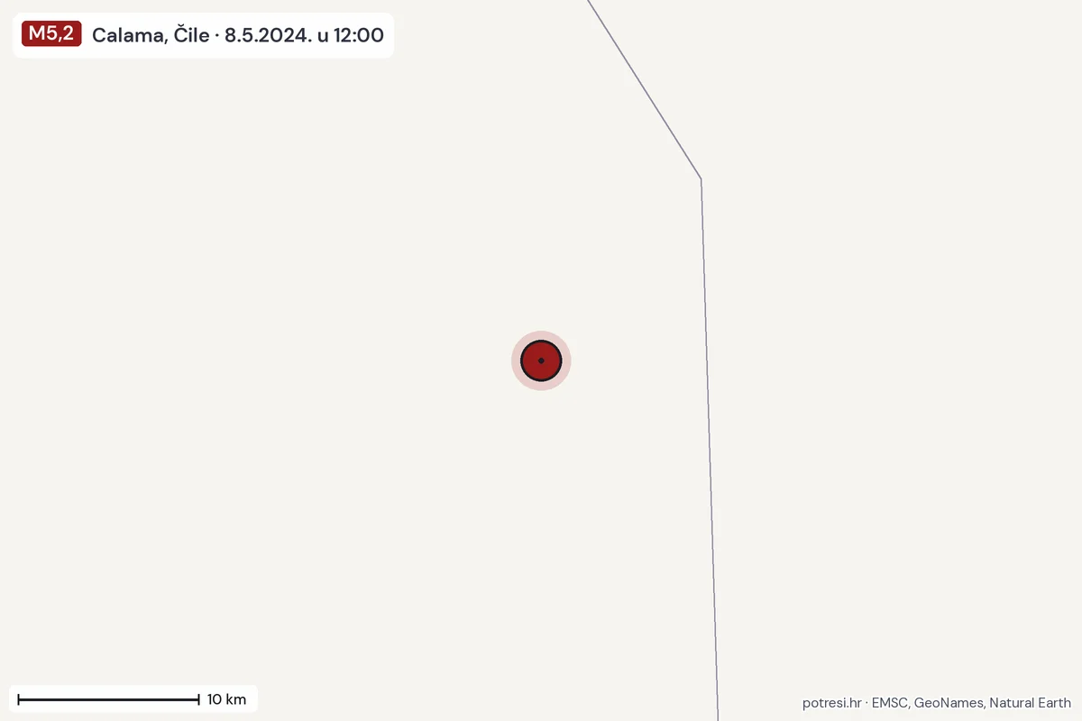 Karta: okolica epicentra, 60 km, potres M5,2, Calama, Čile, 8.5.2024.