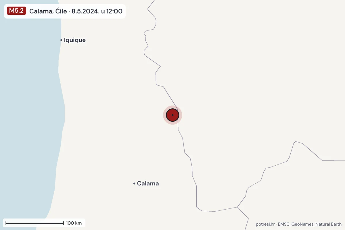 Karta: šire područje, 600 km, potres M5,2, Calama, Čile, 8.5.2024.