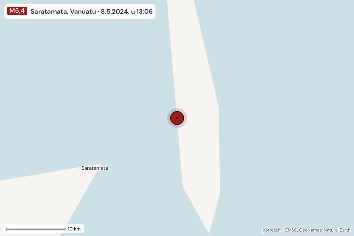 Karta: okolica epicentra, 60 km, potres M5,4, Saratamata, Vanuatu, 8.5.2024.