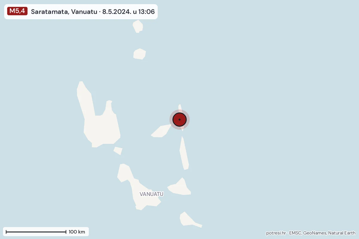 Karta: šire područje, 600 km, potres M5,4, Saratamata, Vanuatu, 8.5.2024.
