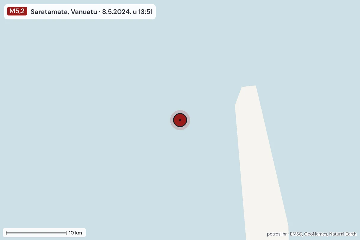 Karta: okolica epicentra, 60 km, potres M5,2, Saratamata, Vanuatu, 8.5.2024.