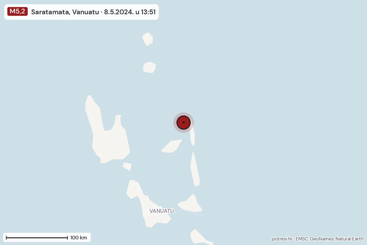 Karta: šire područje, 600 km, potres M5,2, Saratamata, Vanuatu, 8.5.2024.