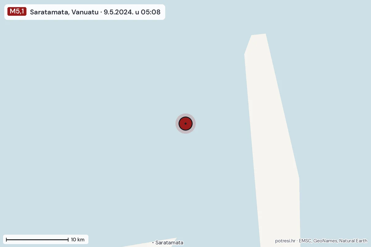 Karta: okolica epicentra, 60 km, potres M5,1, Saratamata, Vanuatu, 9.5.2024.