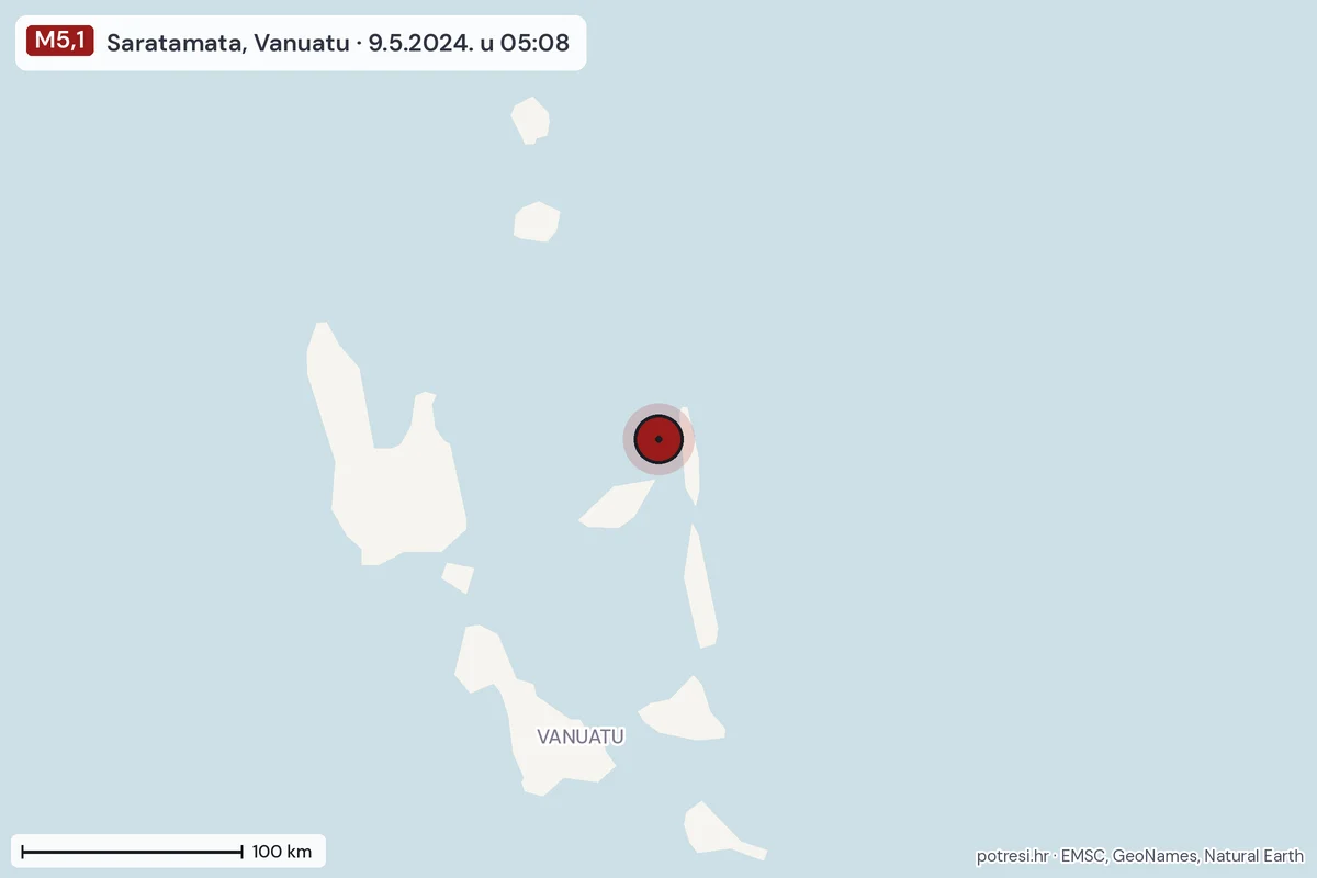Karta: šire područje, 600 km, potres M5,1, Saratamata, Vanuatu, 9.5.2024.