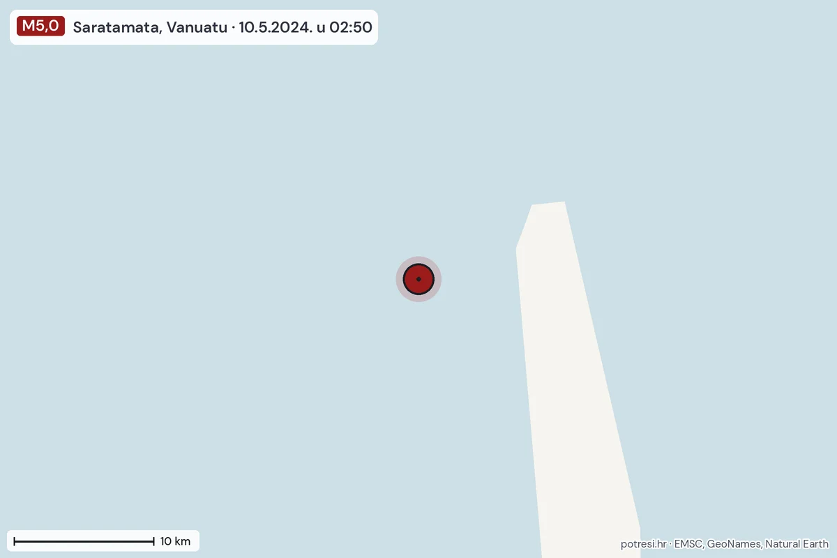 Karta: okolica epicentra, 60 km, potres M5,0, Saratamata, Vanuatu, 10.5.2024.