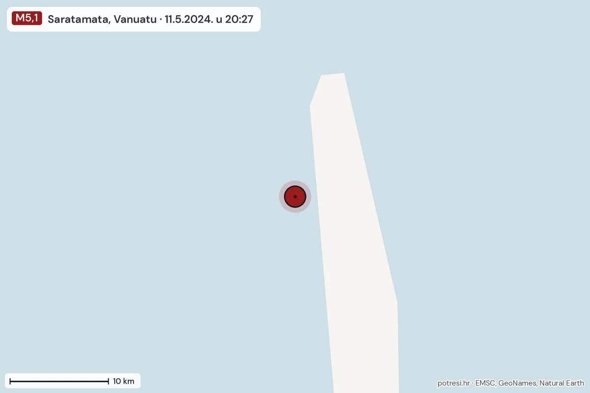 Karta: okolica epicentra, 60 km, potres M5,1, Saratamata, Vanuatu, 11.5.2024.