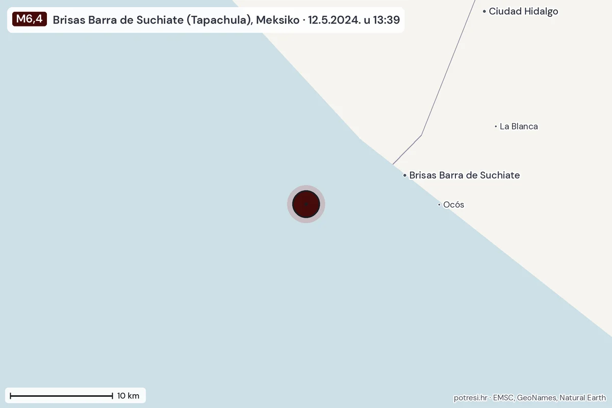 Karta: okolica epicentra, 60 km, potres M6,4, Brisas Barra de Suchiate (Tapachula), Meksiko, 12.5.2024.
