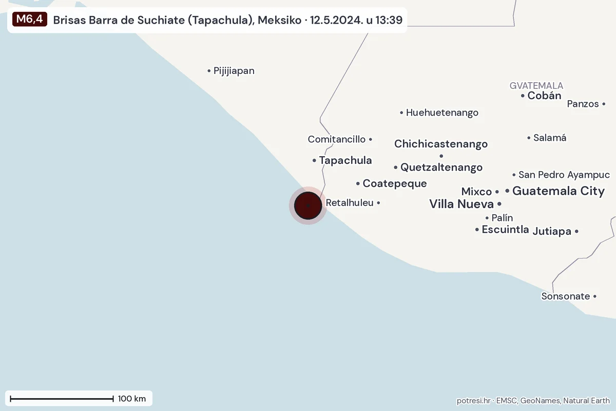 Karta: šire područje, 600 km, potres M6,4, Brisas Barra de Suchiate (Tapachula), Meksiko, 12.5.2024.