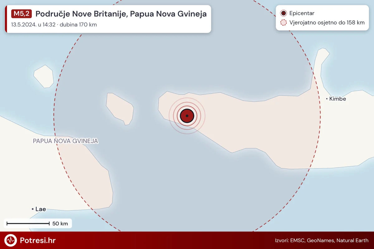 Karta: šire područje i vjerojatni doseg osjeta, potres M5,2, Područje Nove Britanije, Papua Nova Gvineja, 13.5.2024.