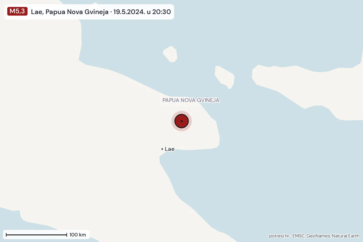 Karta: šire područje, 600 km, potres M5,3, Lae, Papua Nova Gvineja, 19.5.2024.