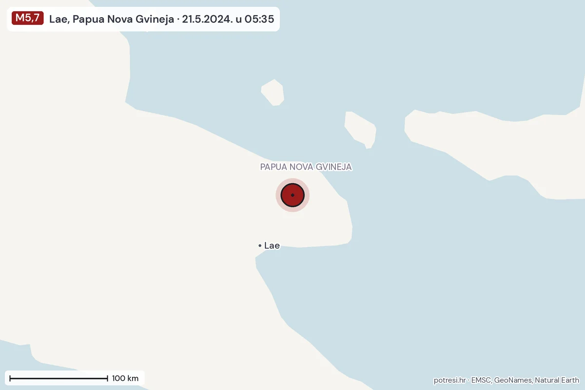 Karta: šire područje, 600 km, potres M5,7, Lae, Papua Nova Gvineja, 21.5.2024.