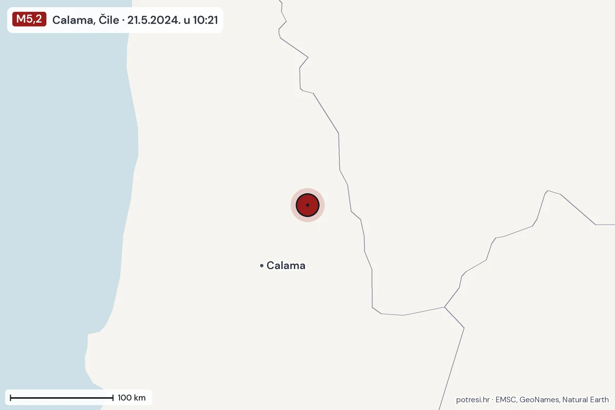 Karta: šire područje, 600 km, potres M5,2, Calama, Čile, 21.5.2024.
