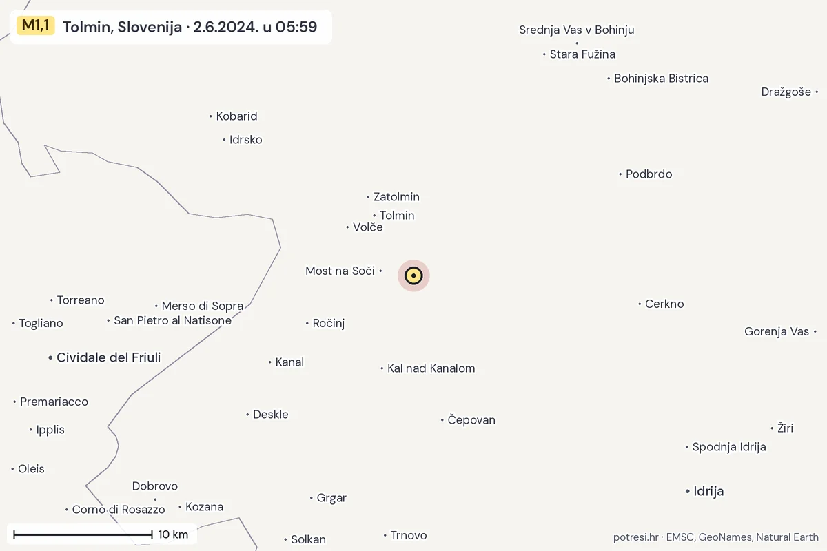 Karta: okolica epicentra, 60 km, potres M1,1, Tolmin, Slovenija, 2.6.2024.
