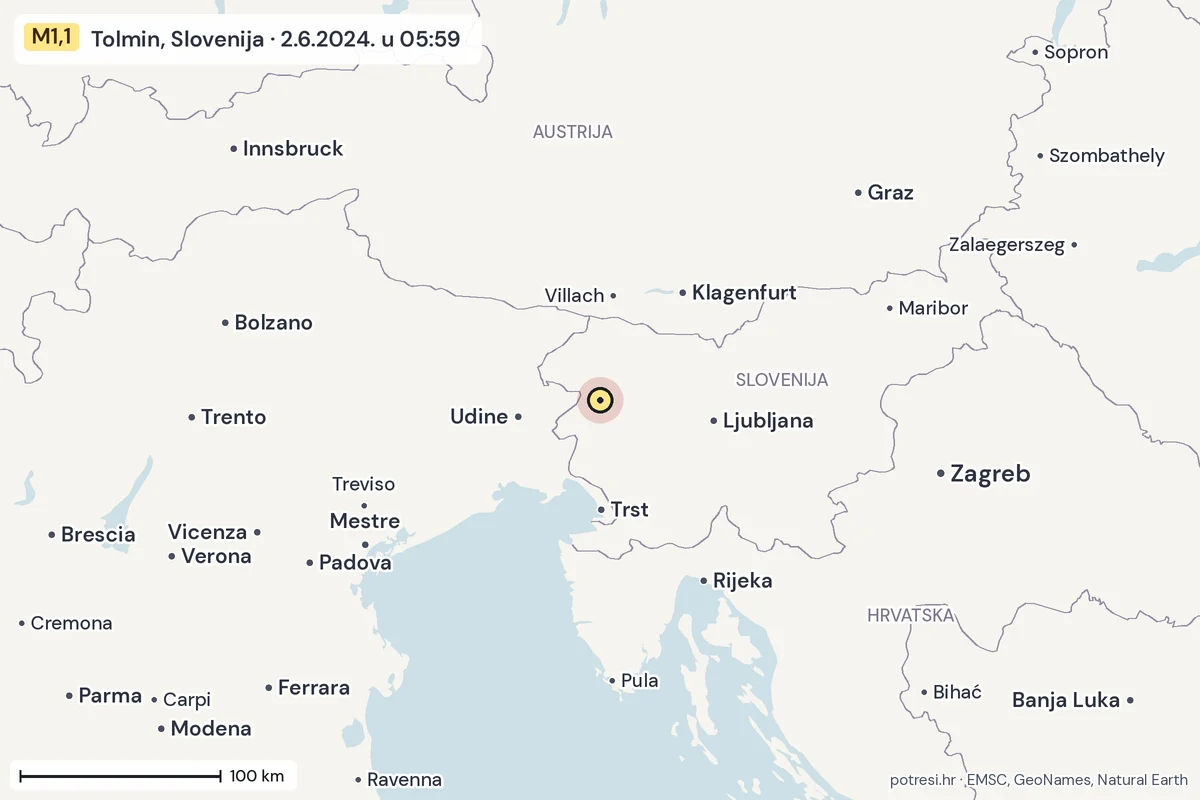 Karta: šire područje, 600 km, potres M1,1, Tolmin, Slovenija, 2.6.2024.