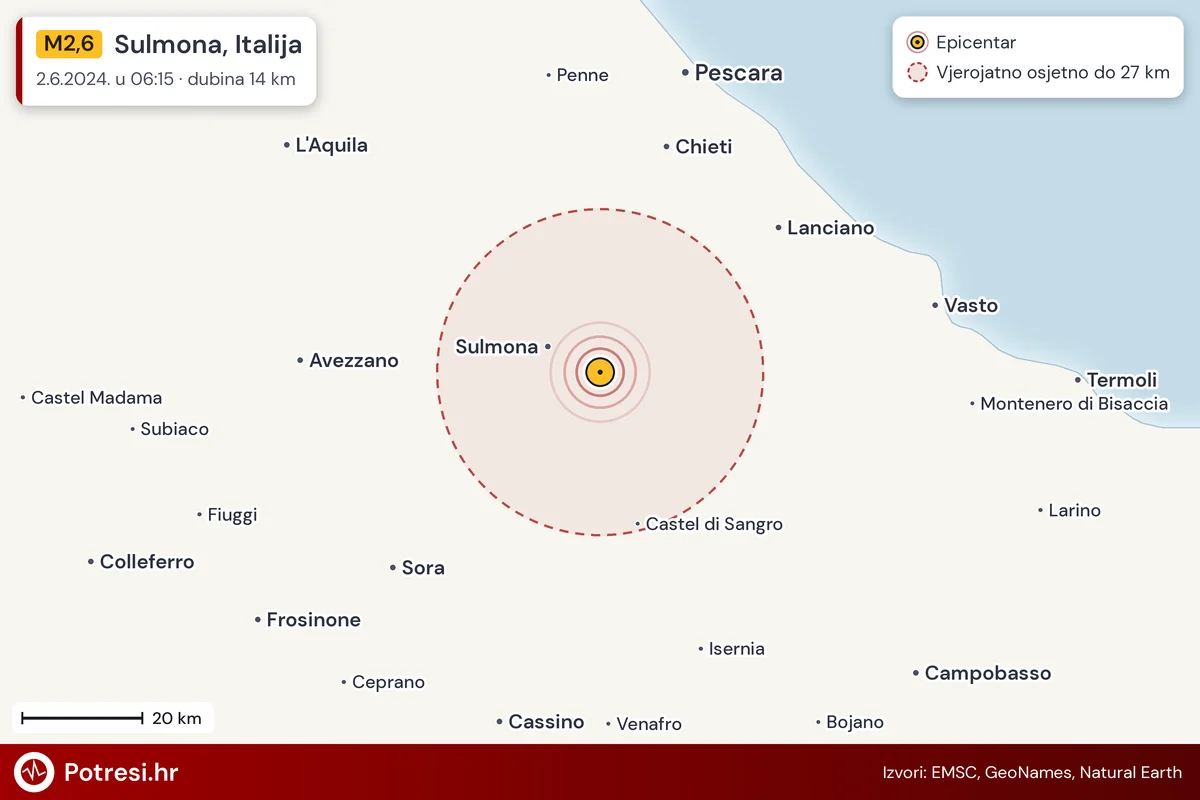 Karta: šire područje i vjerojatni doseg osjeta, potres M2,6, Sulmona, Italija, 2.6.2024.