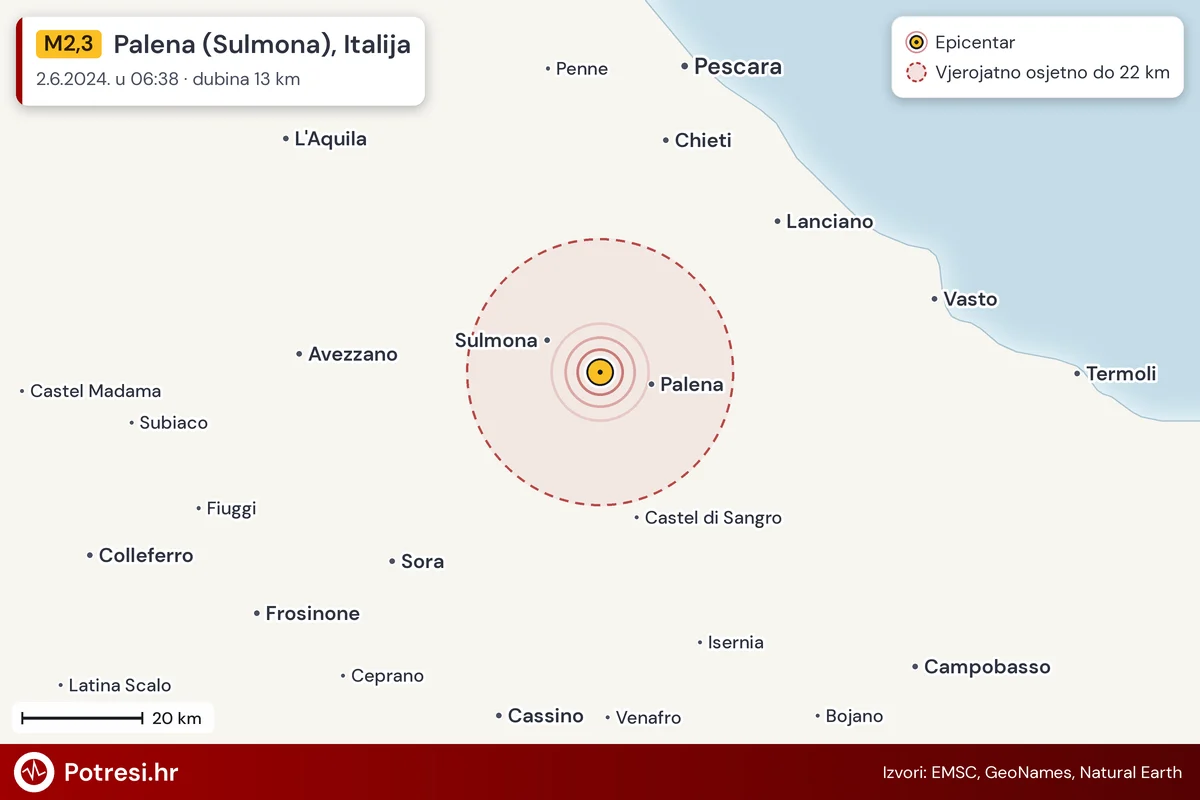 Karta: šire područje i vjerojatni doseg osjeta, potres M2,3, Palena (Sulmona), Italija, 2.6.2024.