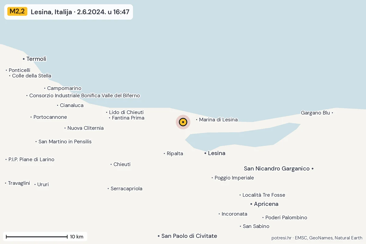 Karta: okolica epicentra, 60 km, potres M2,2, Lesina, Italija, 2.6.2024.