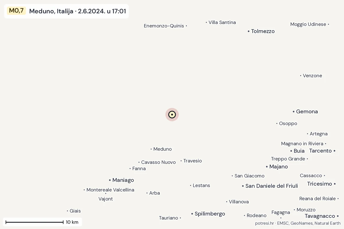 Karta: okolica epicentra, 60 km, potres M0,7, Meduno, Italija, 2.6.2024.