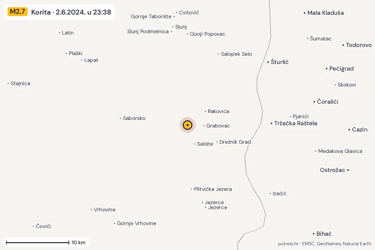 Karta: okolica epicentra, 60 km, potres M2,7, Korita, 2.6.2024.
