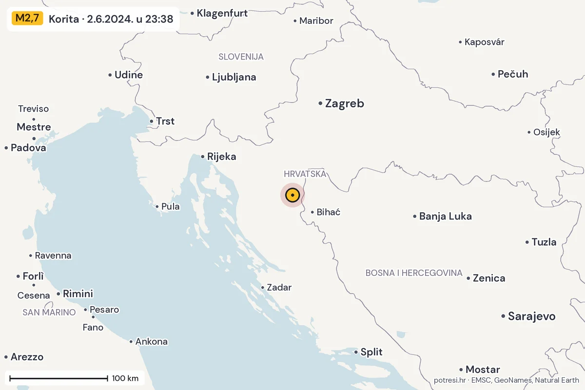 Karta: šire područje, 600 km, potres M2,7, Korita, 2.6.2024.