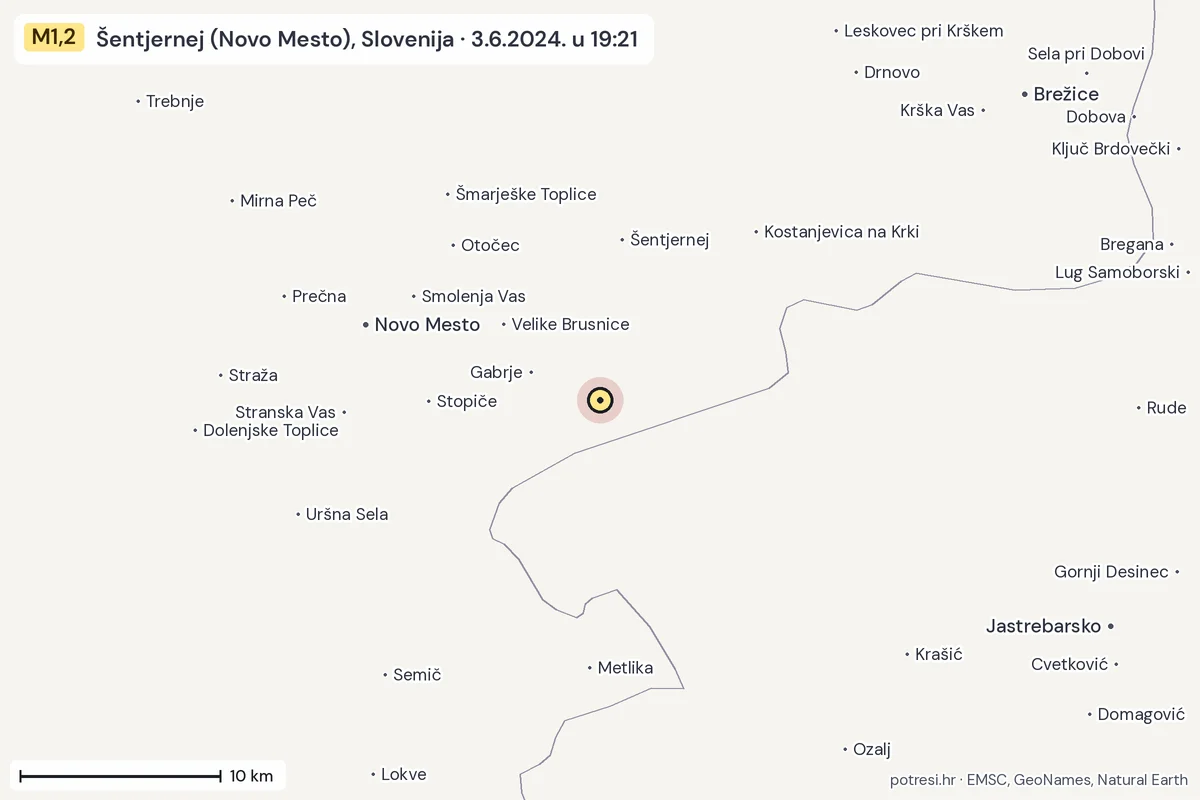 Karta: okolica epicentra, 60 km, potres M1,2, Šentjernej (Novo Mesto), Slovenija, 3.6.2024.
