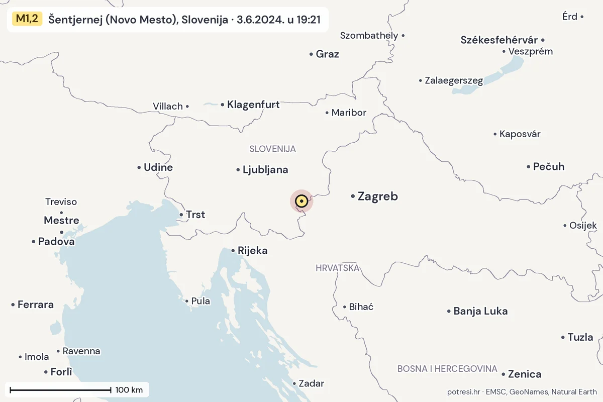 Karta: šire područje, 600 km, potres M1,2, Šentjernej (Novo Mesto), Slovenija, 3.6.2024.