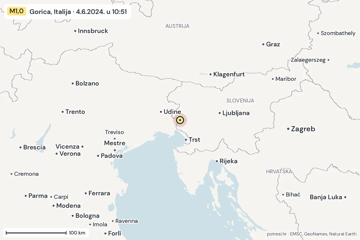 Karta: šire područje, 600 km, potres M1,0, Gorica, Italija, 4.6.2024.