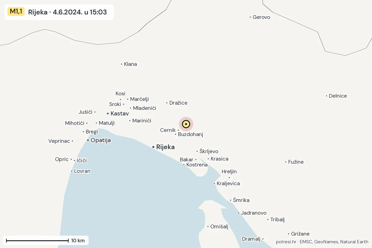 Karta: okolica epicentra, 60 km, potres M1,1, Rijeka, 4.6.2024.