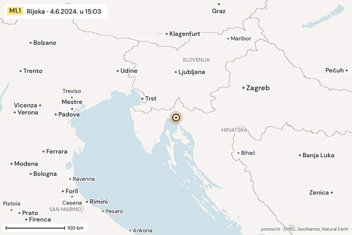 Karta: šire područje, 600 km, potres M1,1, Rijeka, 4.6.2024.