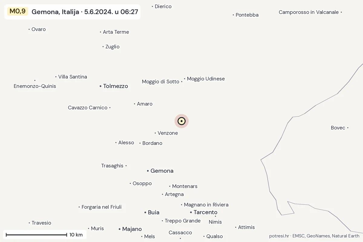 Karta: okolica epicentra, 60 km, potres M0,9, Gemona, Italija, 5.6.2024.