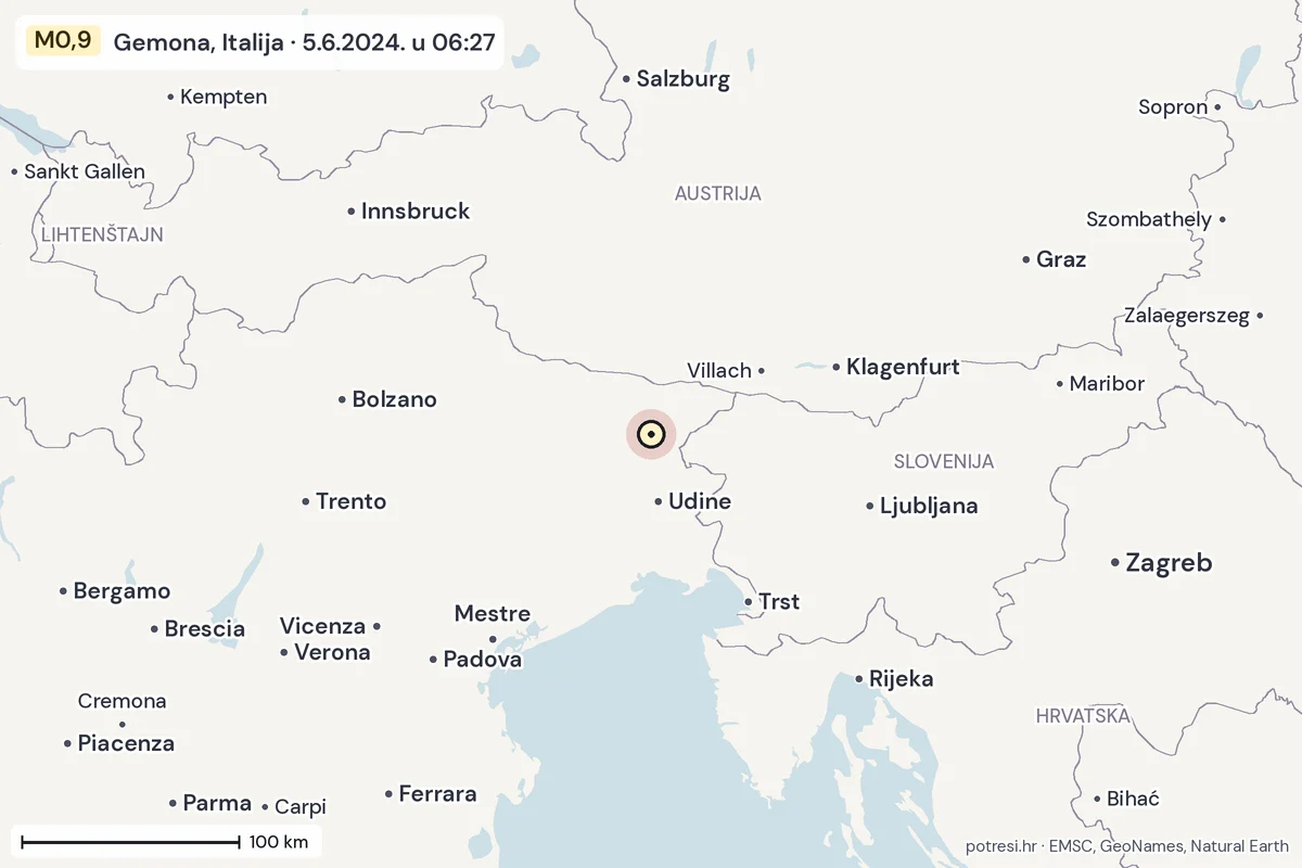 Karta: šire područje, 600 km, potres M0,9, Gemona, Italija, 5.6.2024.
