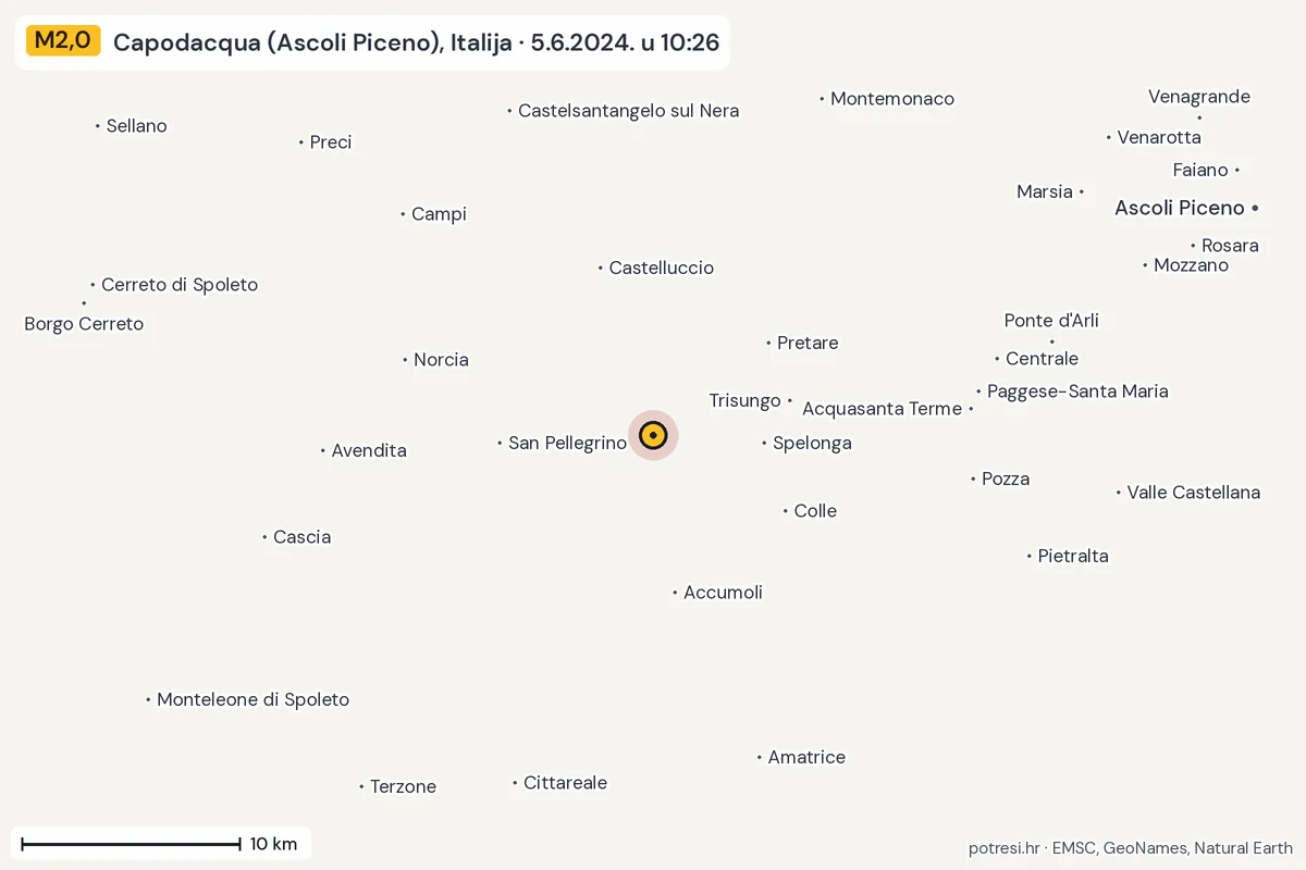 Karta: okolica epicentra, 60 km, potres M2,0, Capodacqua (Ascoli Piceno), Italija, 5.6.2024.