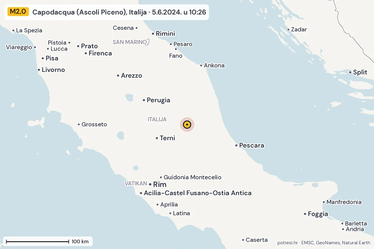 Karta: šire područje, 600 km, potres M2,0, Capodacqua (Ascoli Piceno), Italija, 5.6.2024.
