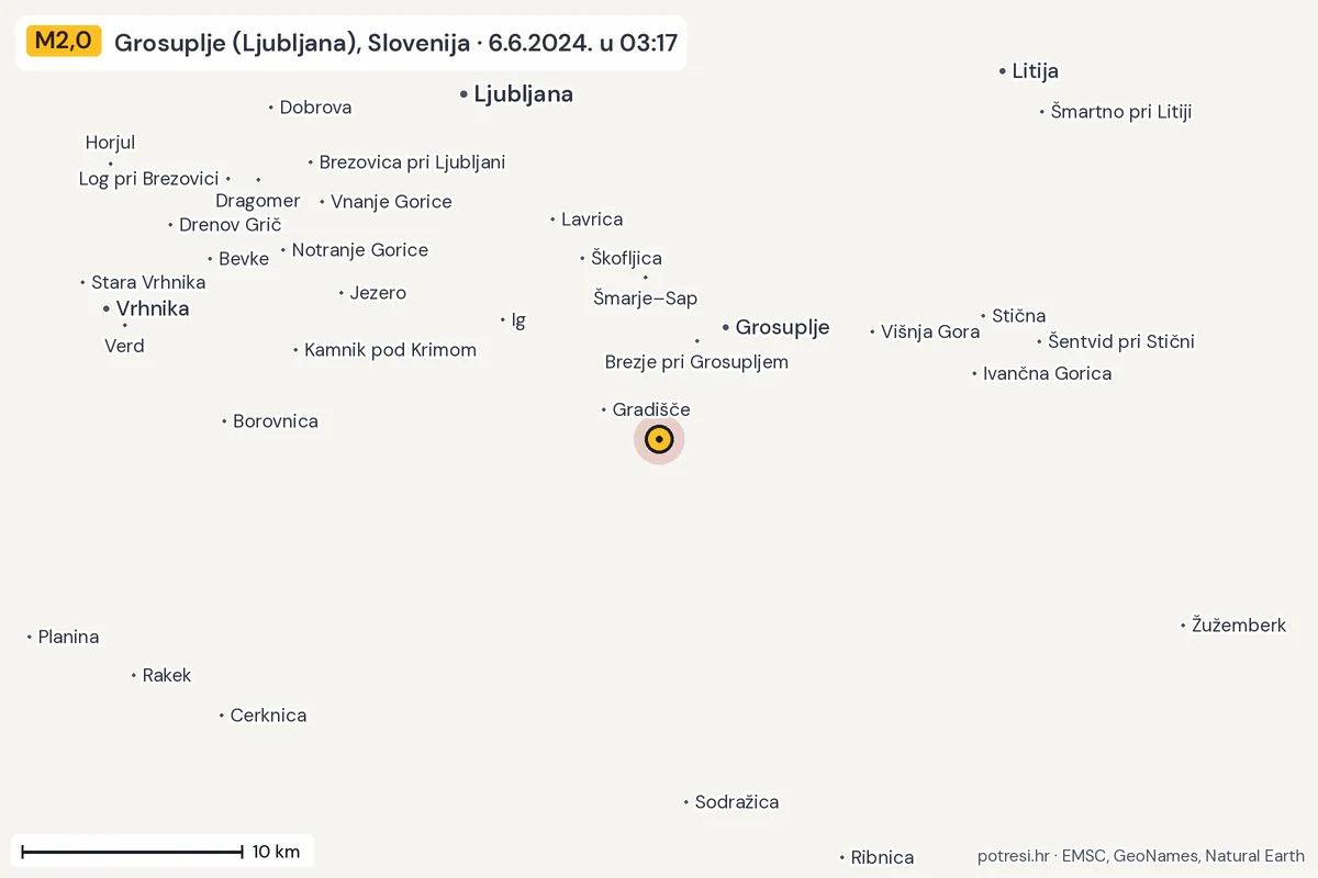 Karta: okolica epicentra, 60 km, potres M2,0, Grosuplje (Ljubljana), Slovenija, 6.6.2024.