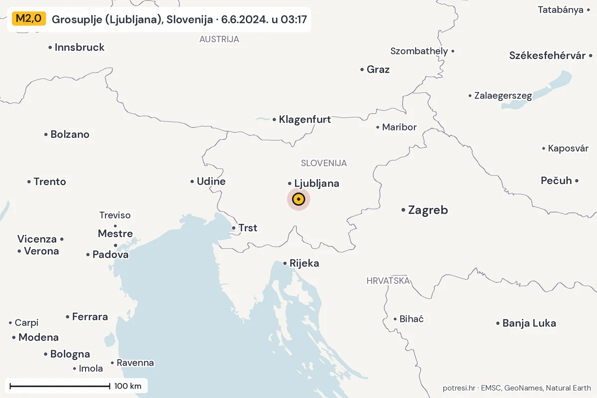Karta: šire područje, 600 km, potres M2,0, Grosuplje (Ljubljana), Slovenija, 6.6.2024.