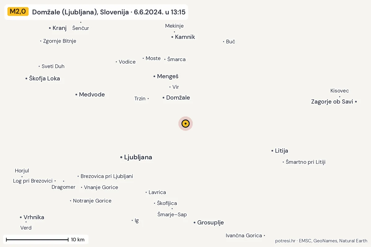 Karta: okolica epicentra, 60 km, potres M2,0, Domžale (Ljubljana), Slovenija, 6.6.2024.