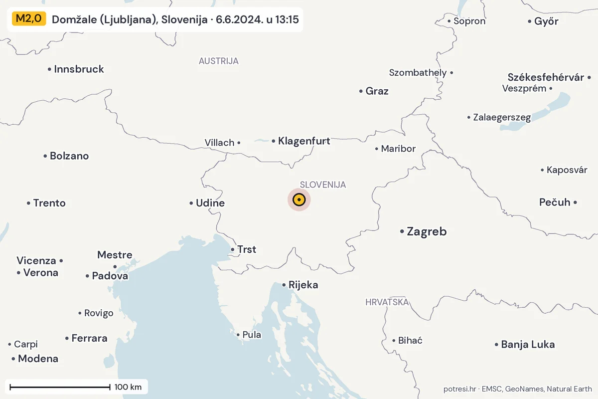 Karta: šire područje, 600 km, potres M2,0, Domžale (Ljubljana), Slovenija, 6.6.2024.