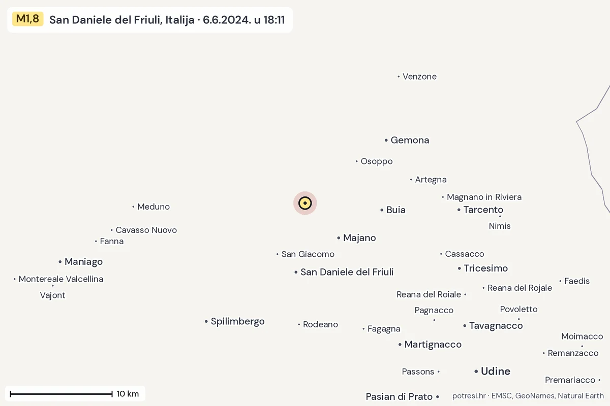 Karta: okolica epicentra, 60 km, potres M1,8, San Daniele del Friuli, Italija, 6.6.2024.